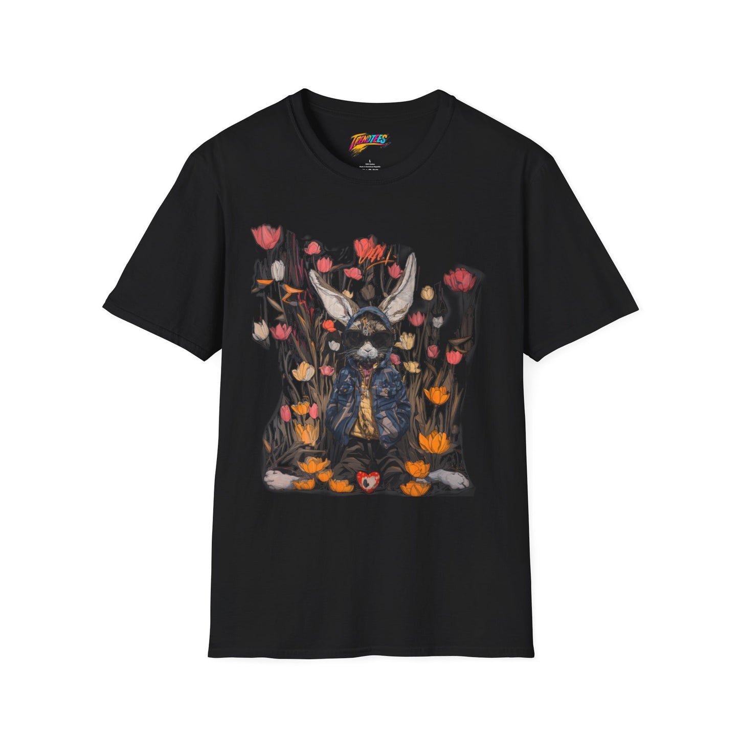 Punk Rabbit in Denim Jacket surrounded by Vibrant Flowers Unisex Softstyle T-Shirt