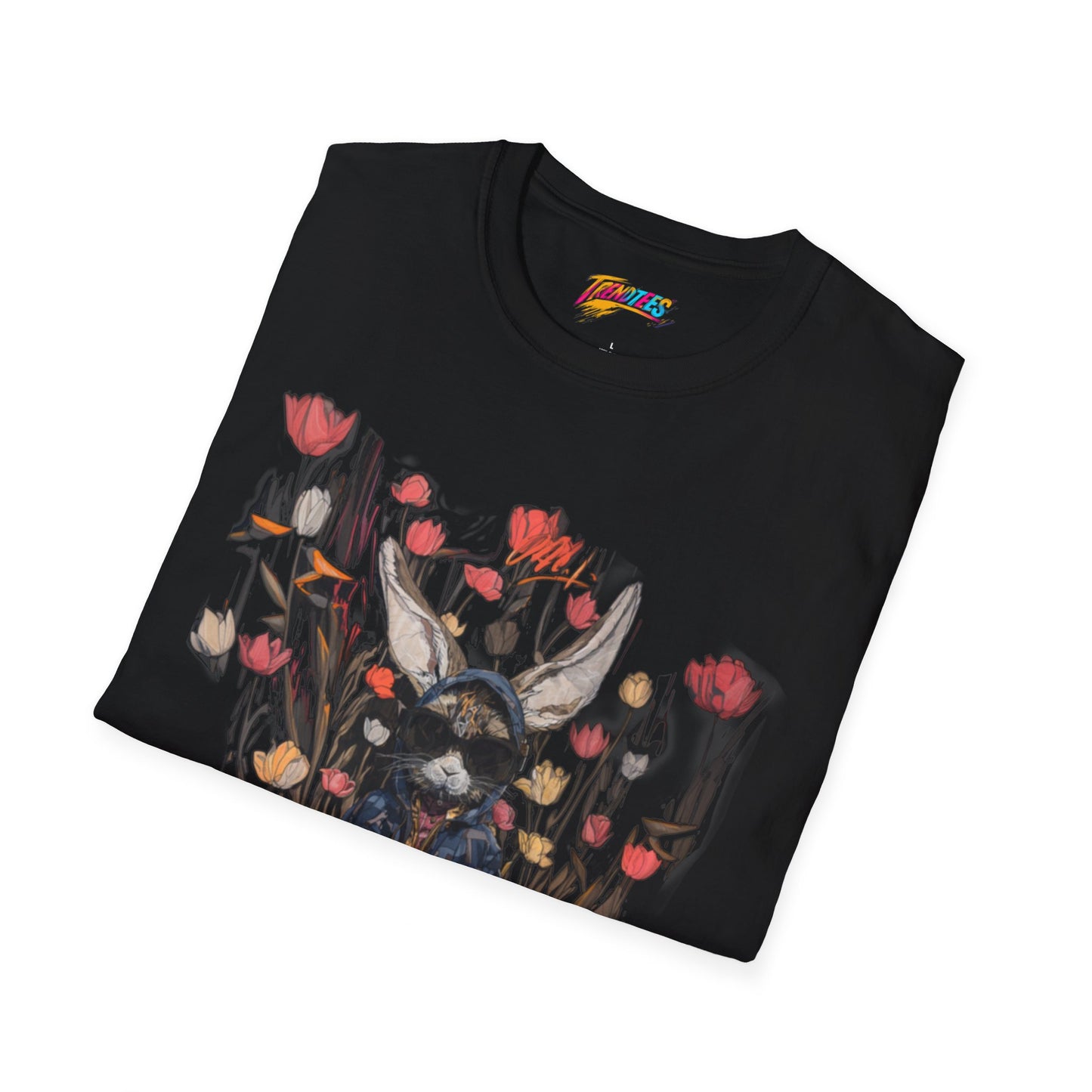 Punk Rabbit in Denim Jacket surrounded by Vibrant Flowers Unisex Softstyle T-Shirt