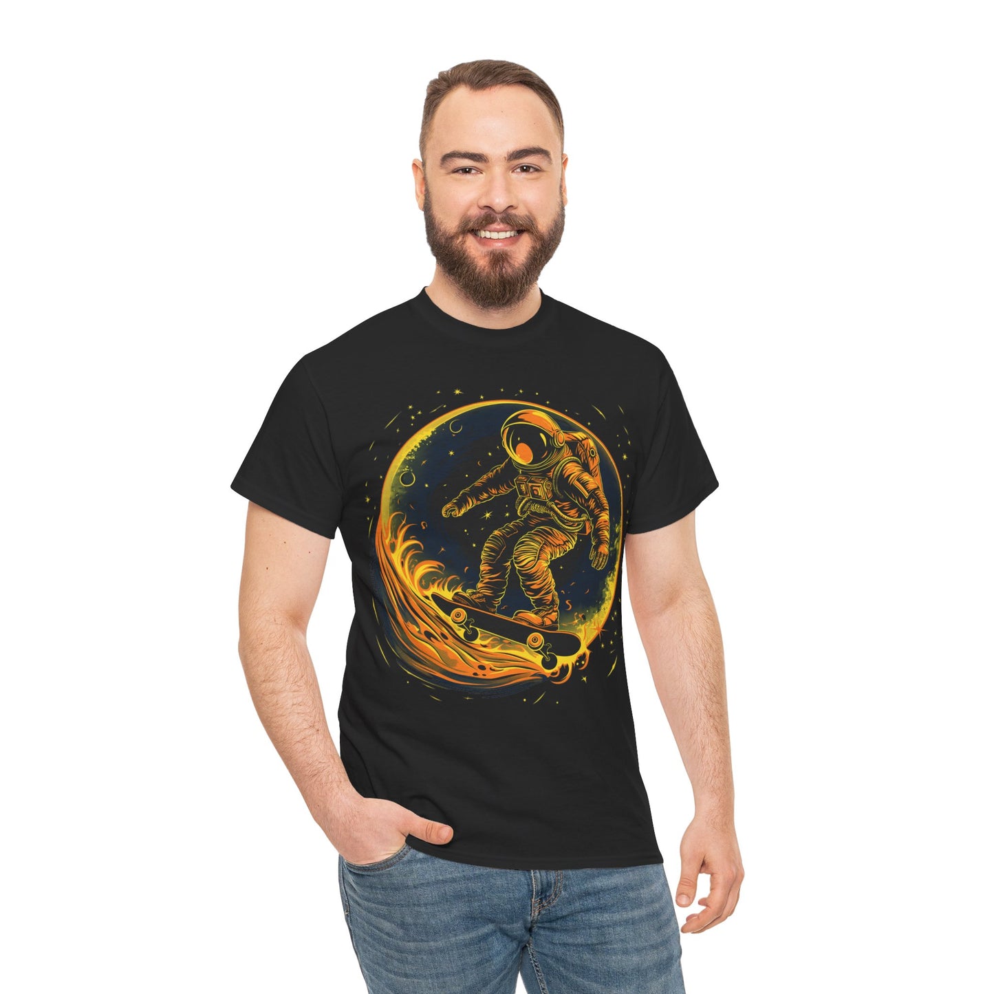 Astronaut skateboarding on the moon Unisex Heavy Cotton Tee