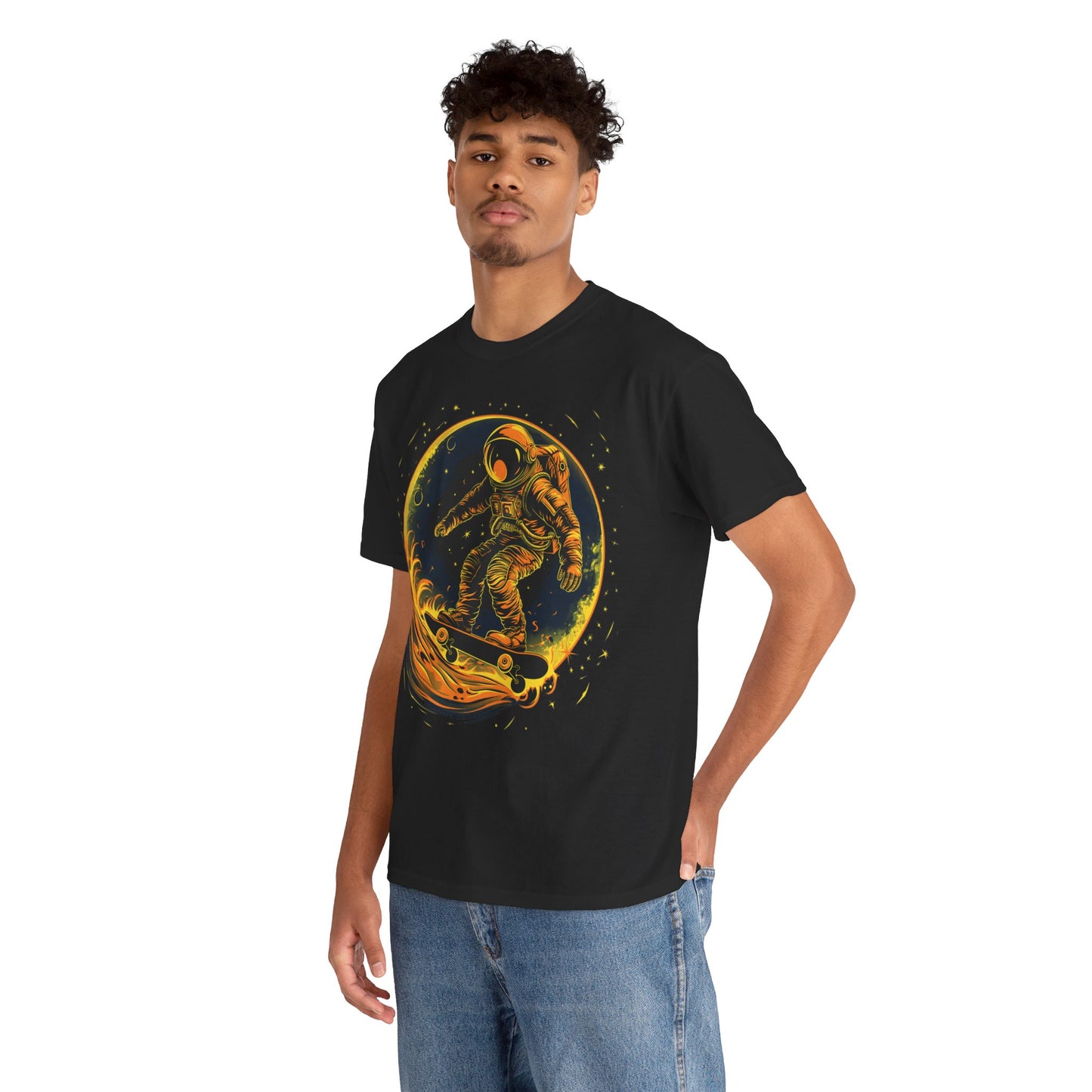 Astronaut skateboarding on the moon Unisex Heavy Cotton Tee