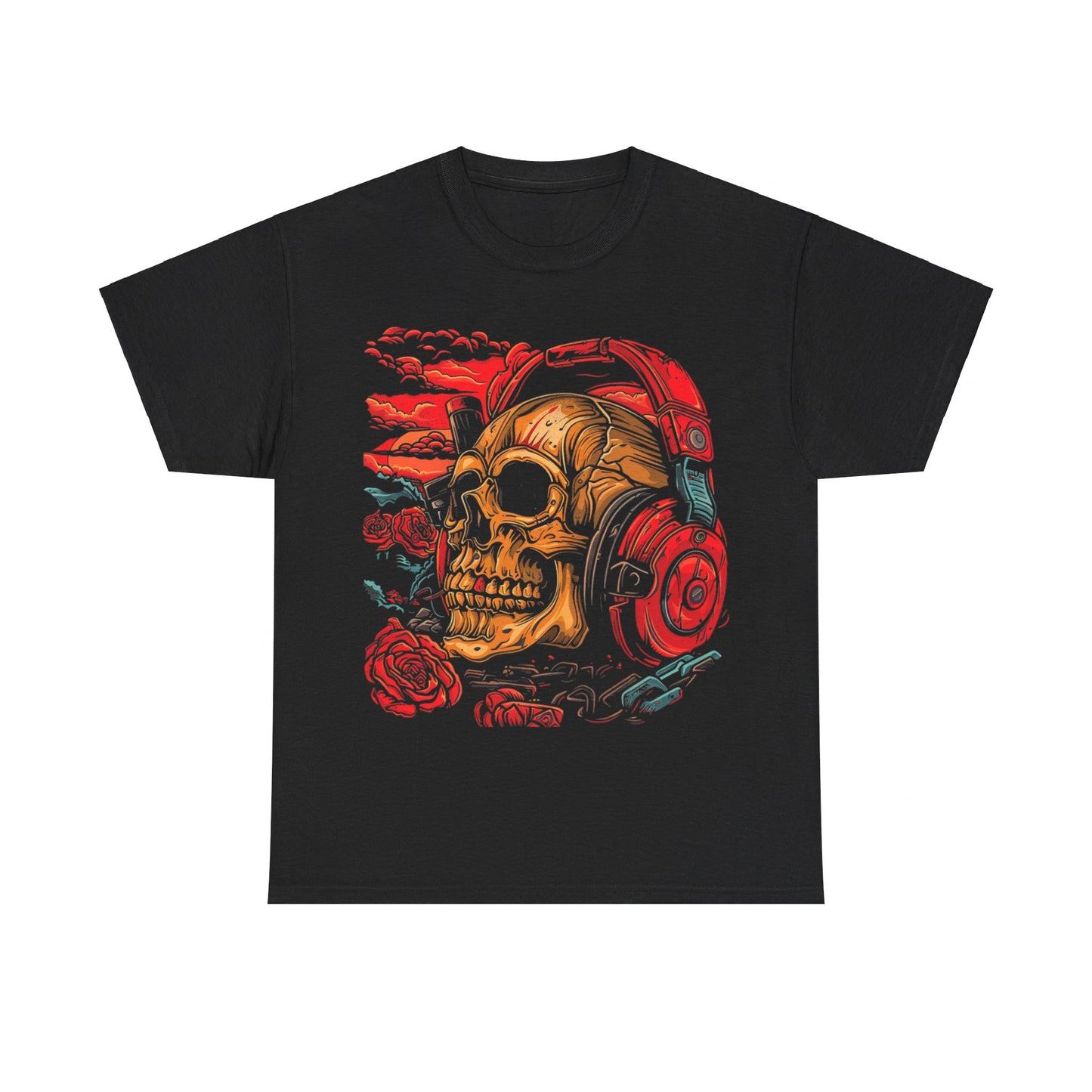 Skull&Roses with headphones Unisex Heavy Cotton Tee